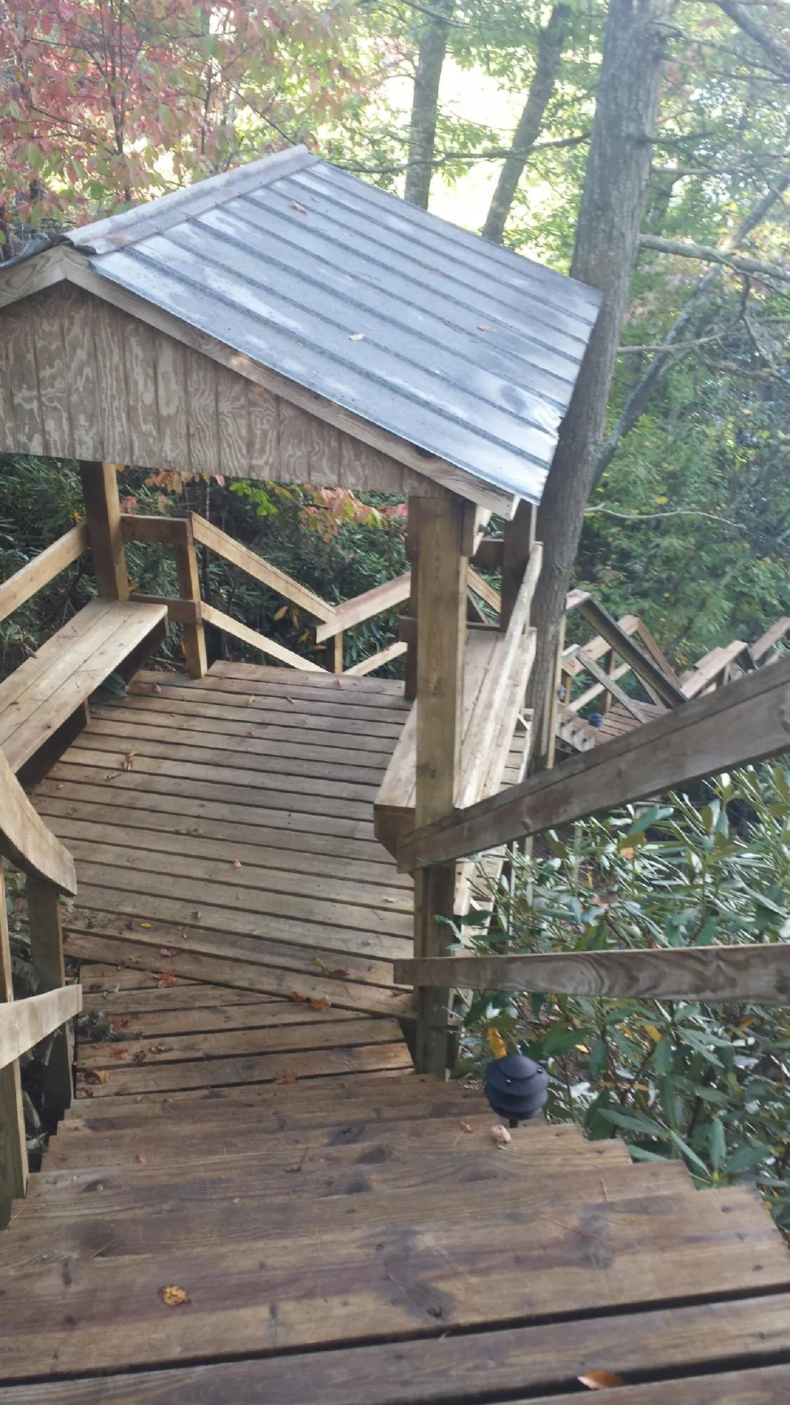 Metal roofed shelter over wooden steps on a wooded walkway — Skylight Repair & Installation work by our crew in Amanda